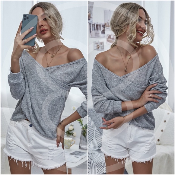 Off shoulder h. grey knit long sleeve top - Picture 4 of 4